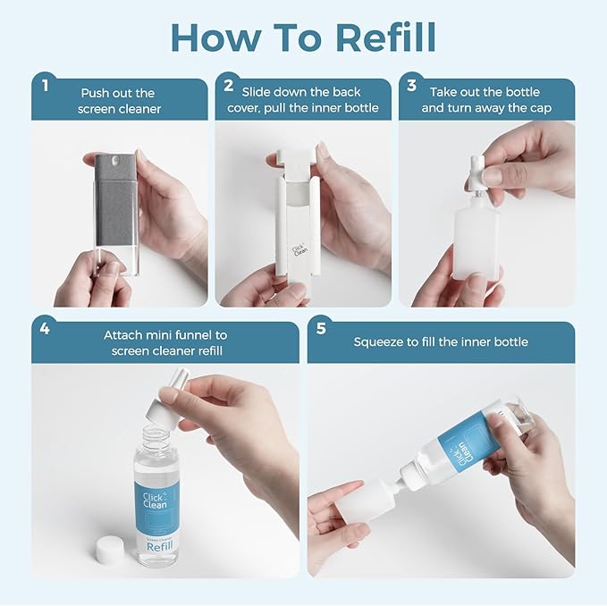 Click Clean Screen Cleaner Kits - 2 All-in-One Mist Cleaner with 4 oz Refill, 1 Microfiber Cloth(7.8 x 7.8in), 1 Mini Funnel, and 1 Sprayer - for All Phones, Laptop and Tablet Screens