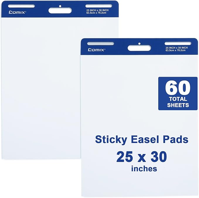 Comix Sticky Easel Pad, 25 x 30 Inches Flip Chart Paper for Teachers, Large Self Stick Easel Paper, 30 Sheets/Pad, 2 Pads/Pack