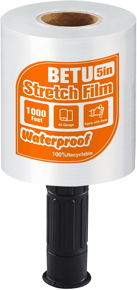 BETU Plastic Wrap Stretch Film for Moving Supplies 5inch X 1000ft, Shrink Wrap Stretch Roll Industrial for Furniture Wrapping Shipping Pallet Moving Boxes Storage with Handles, 1 Pack, Clear