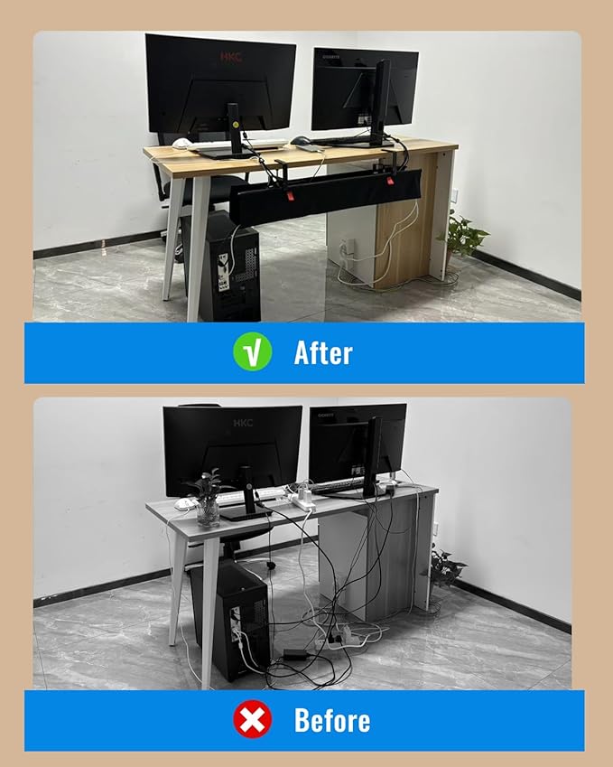 No Drill Cable Management Under Desk, 28" Cord Organizer for Table, Clamp/Screw Mount Cable Tray, Premium Black Fabric Desk Cord Management Tray for Office, Home (Regular (28 in))