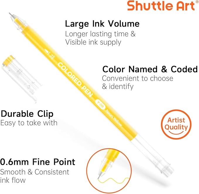 Shuttle Art Colored Pens, 22 Highlight Tone Colors Cute Journal Pens 0.6mm Fine Point Colored Gel for Black Paper Adult Coloring Writing Drawing Journaling Note Taking School Office Home