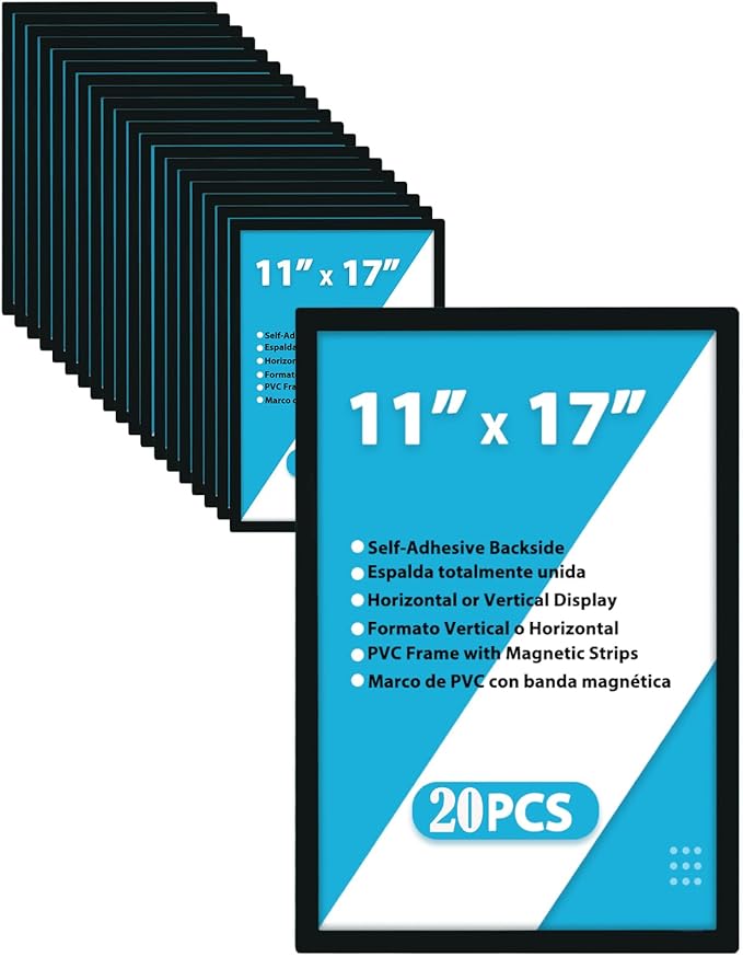 20pcs Magnetic Sign Holder 11 x 17 with Magnet Strip Border,Self Adhesive Magnetic Wall Mount Sign Holder,Display Picture Frames Window Poster Paper Flyer Holder for Home Office Store