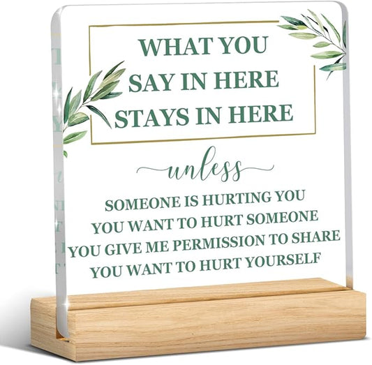 Therapy Office Decor, Confidentiality Counseling Office Decor, School Counselor Gifts, Gifts for Women Psychologist School Counselor, Acrylic Sign with Wooden Stand for Halloween Christmas Gift