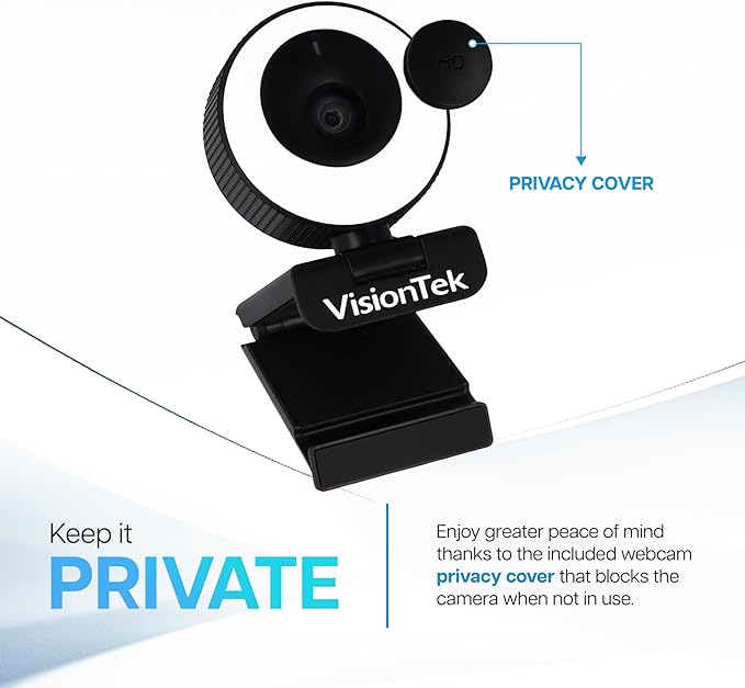 VisionTek VTWC40 Premium Autofocus Full HD 1080P 60FPS Webcam, Chromebook, Computer Video Camera, Digital Dual Microphones, Privacy Cover, 96-Degree Viewing Angle, Work, Study, & Stream (901442)