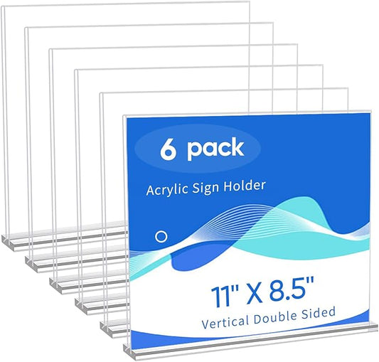 Acrylic Sign Holder 11 x 8.5, Horizontal 6 Pack Clear Double Side T Shape Acrylic Table Sign Stands for Displaying, Flyer Holder Paper Card Holder for Office Business Store Restaurants