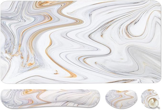 4-in-1 Large Gaming Mouse Pad, Keyboard Wrist Rest Pad & Wrist Support Mousepad Set, Extended Desk Pad Waterproof Desk Mat for Home Office Study Game - White Marble