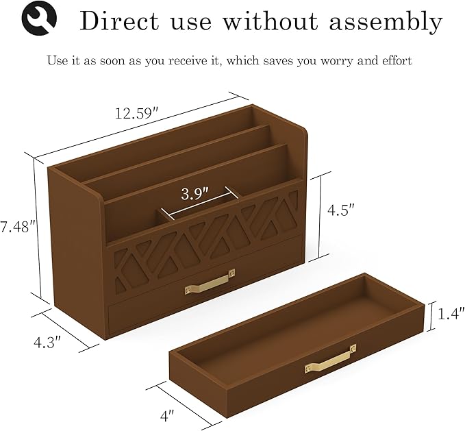 Bamboo Mail Organizer Countertop Wood Desk Organizer Drawer Tabletop Storage Box Letter Sorter Makeup Organizer for School Home Office Supplies Brown