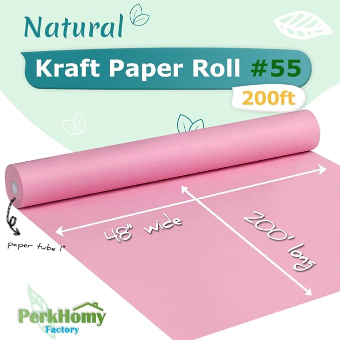 PerkHomy 48" x 2,400" (200') Light Pink Kraft Paper Roll for Craft Bulletin Board Paper Art Table Covering Crafting Gift Wrapping Bouquet Packing Parcel 80GSM 55LB (Light Pink, 48" x 200')