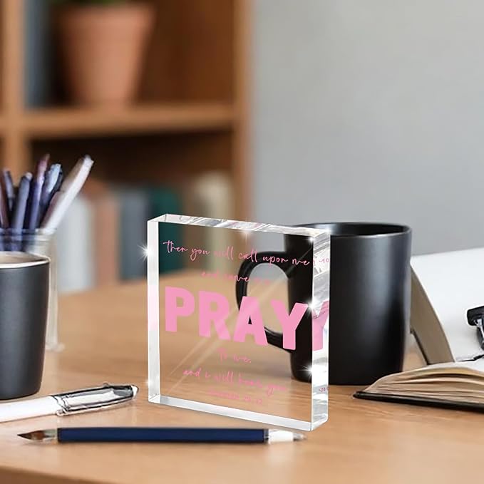Pink Inspirational Decor- Bible Verse Art Christian Gifts for Women- Pink Acrylic Dorm Room Decor for Women - Pray to me- Office Desk Accessories Decor Sign 4x 4 Inches