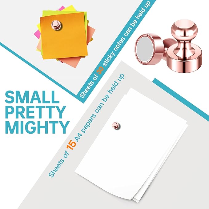 Pack of 8 Rose Gold Pink Push Pins Ideal Whiteboard Refrigerator Magnets - Adult Small Strong Magnets for Kitchen Classroom Office