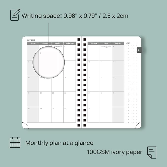 POPRUN Pocket Planner 2025-2026 (Spiral Hardcover - 4''x 6.25''), Daily Weekly and Monthly (July 2025 - June 2026) with Hourly Time Slots, for Purse, 100 GSM - Midnight Green