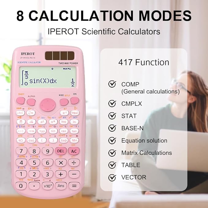 Scientific Calculators, IPEROT Pink Scientific Calculator 417 Function, Desktop Math Solar Calculators School Supplies Suitable for High School and College Students Algebra and Other Math Textbooks