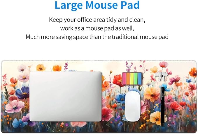 Desk Pad,Office Desk Mat 31.5"×11.8" Large Gaming Mouse Pad,Durable Extended Computer Mouse Pad,Waterproof Thick Big Mouse Pads with Non-Slip Rubber Base Office Home Watercolor Wild Flower