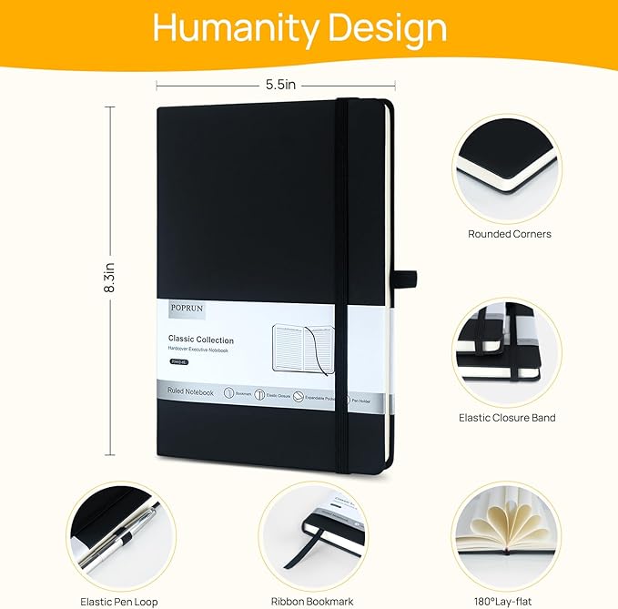 POPRUN 8 Pack Black Lined Journal Notebooks, Waterproof PU Leather Hardcover, A5 Classic College Ruled Journals for Writing, Business Work, School Note Taking, 5.5 x 8.3 inch, 240 Pages Notepad