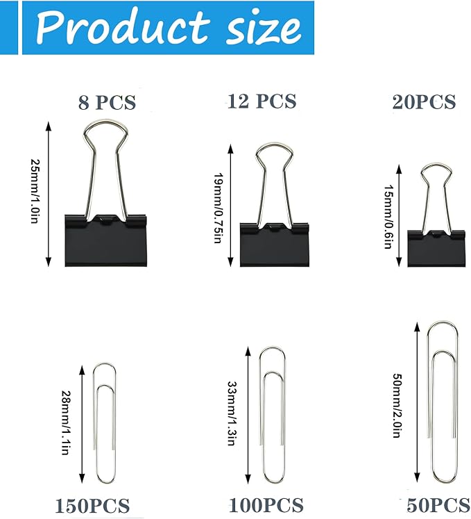 340 PCS Paper Clips and Binder Clips Assorted Sizes, Large Medium Small Silver Paperclips&Black Binder Clip Set for Home&School&Office Document Organizing,Supplies Desk Essentials in Container
