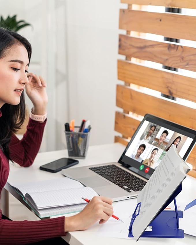 MSDADA Desk Book Stand Metal Reading Rest Book Holder Adjustable Cookbook Documents Holder Portable Sturdy Bookstands for Recipes Textbooks Tablet Music Books with Page Clips(Sapphire Blue)