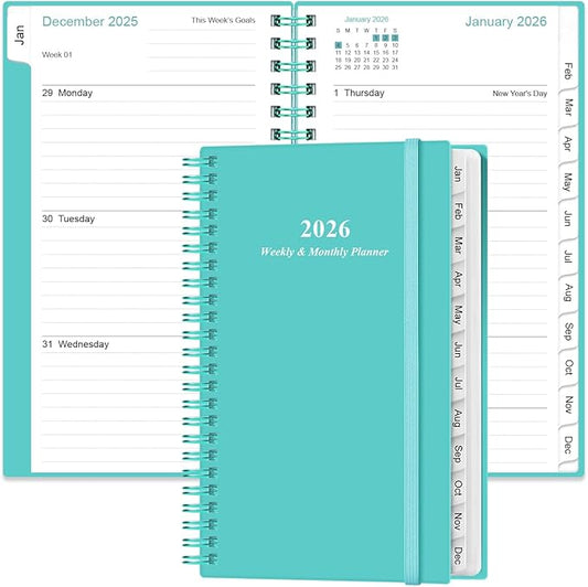 2026 Pocket Planner/Calendar - 2026 Planner from January 2026 - December 2026, Planner 2026 with 12 Tabs, Twin-Wire Binding, Inner Pocket, 3.75" x 6.75, Teal