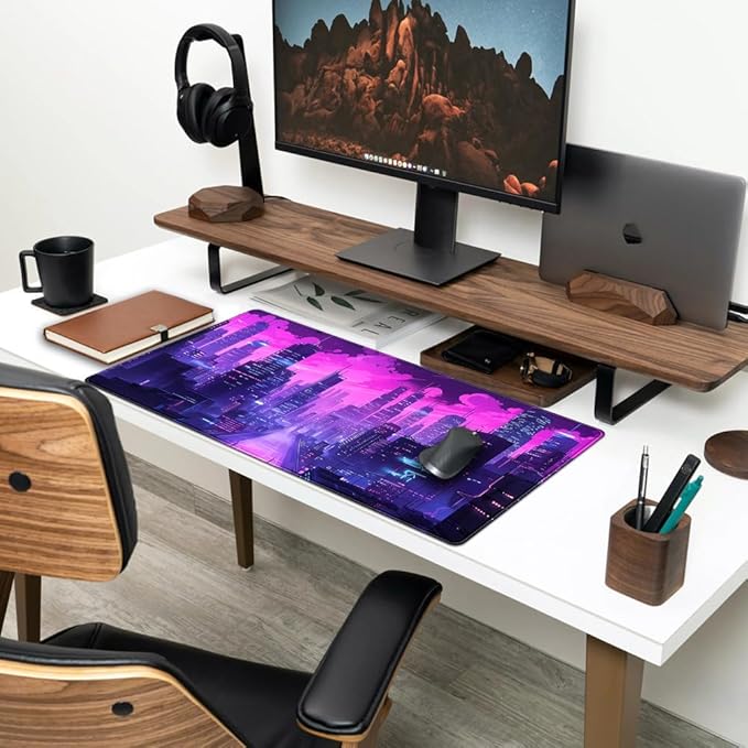 Cyberpunk Neon Purple City Gaming Desk Mouse Pad XL Pink Extended Mouse Pad Gaming, Keyboard Pc Office Laptop Mousepad Large, 31.5x15.8 in with Stitched Eges Non-Slip Base Mouse Pads