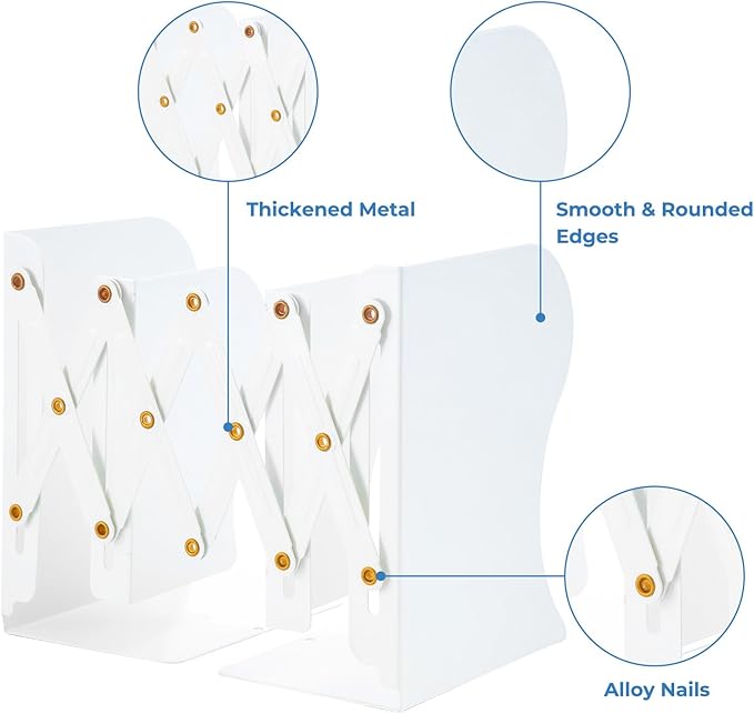 M&G Adjustable Bookends Book Ends for Shelves, Metal Bookend for Heavy Books, Desk Magazine File Organizer Holder Extends up to 20in, Book Stopper for Home, Office, Classroom (White)