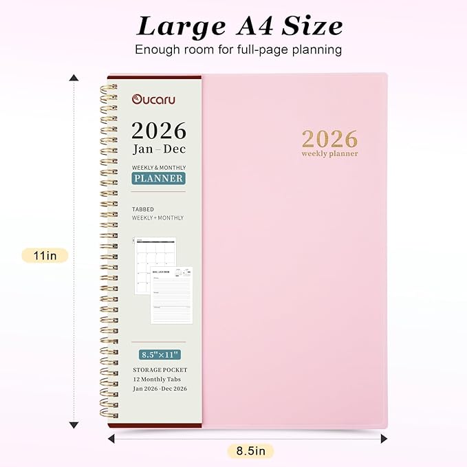 Oucaru 2026 Planner, Weekly and Monthly Planning Calendar, Jan 2026 - Dec 2026, 8.5" x 11", Spiral Bound, 12 Habit Trackers & Monthly Tabs, 2 Storage Pockets, Perfect for Office Home School Supplies