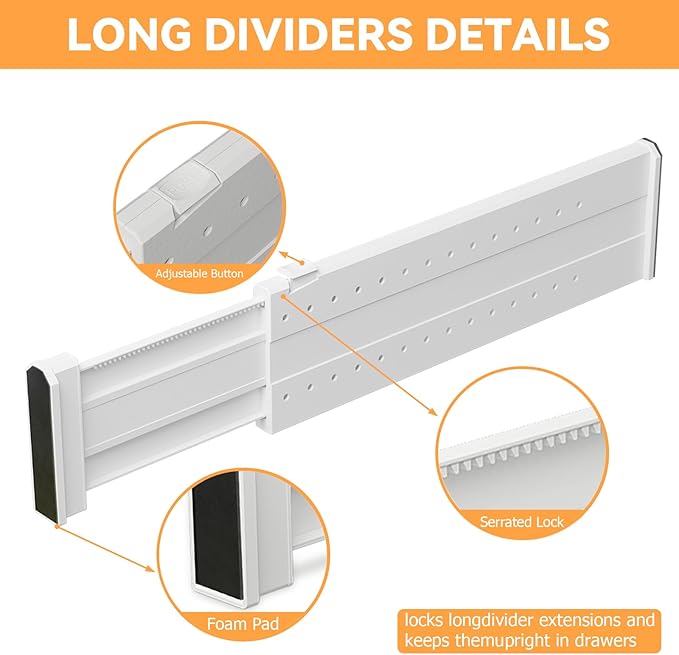 REBECAT 12 Pack Drawer Dividers for Clothes Adjustable 4" High Expandable from 15"-21" Drawer Dividers for Dresser Baby Clothes Bathroom,Bedroom Kitchen and Office Storage，White
