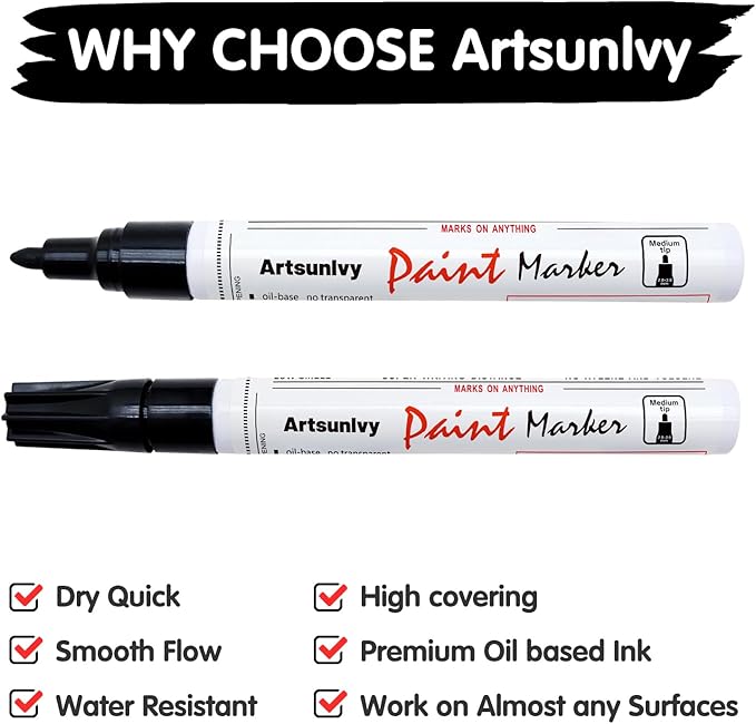 Permanent Paint Pens Paint Markers - 2 Pack Black & White Oil Based Quick Dry Waterproof Markers For Tire, Rubber,Wood, Rocks, Metal, Canvas