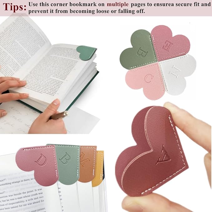 Personalized Leather Heart Bookmark, 26 Letters Customized Corner Book Mark for Reading, Book Holder Markers with Initials Page Book Accessories Cute Gifts (Black+White+Dark Brown+red,O)