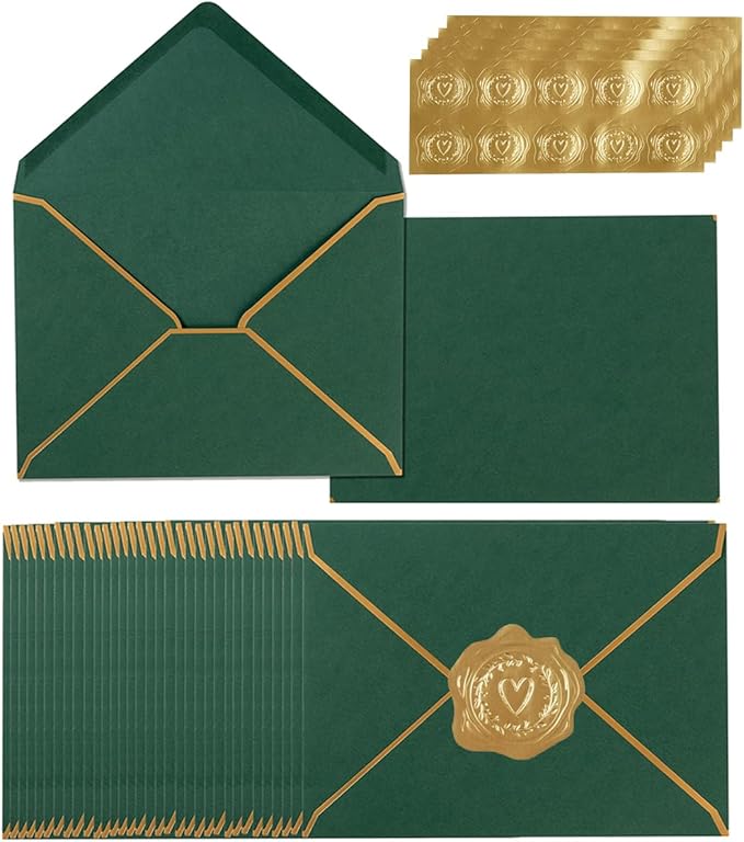100 Pack A7 Envelopes 5 x 7 Card Envelopes V Flap with Gold Border for Office, Wedding Gift Cards, Invitations, Graduation, Baby Shower, Parties (5.32 x 7.28 Inches, Dark Green)