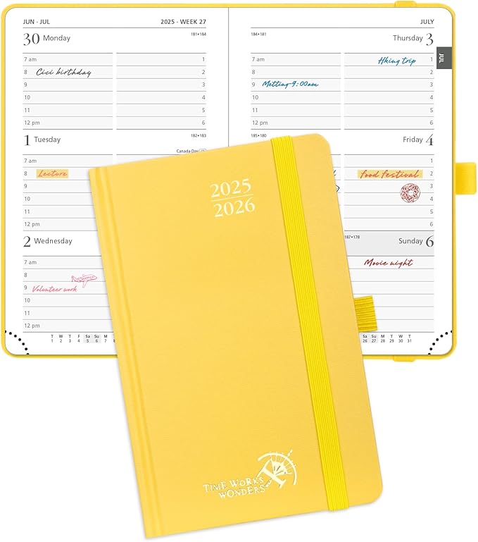 POPRUN Pocket Planner 2025-2026, (Purse Size 4''x 6.25'' Hard Cover) Academic Year Calendar Daily Weekly and Monthly (July 25-June 26) with Hourly Time Slots, 100 GSM Paper - Light Yellow