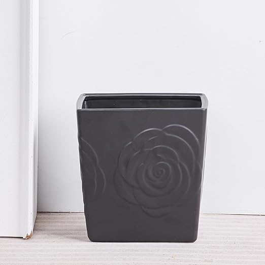 Black Ceramic Rose Small Bathroom Trash Can 2.5 Gal (9 Liter), Heavy Small Kitchen Garbage Bin, Living Room Bedroom Corner Trash Can, Decorative Wastebasket for Outdoor Garden, Home Office,Hotel Motel