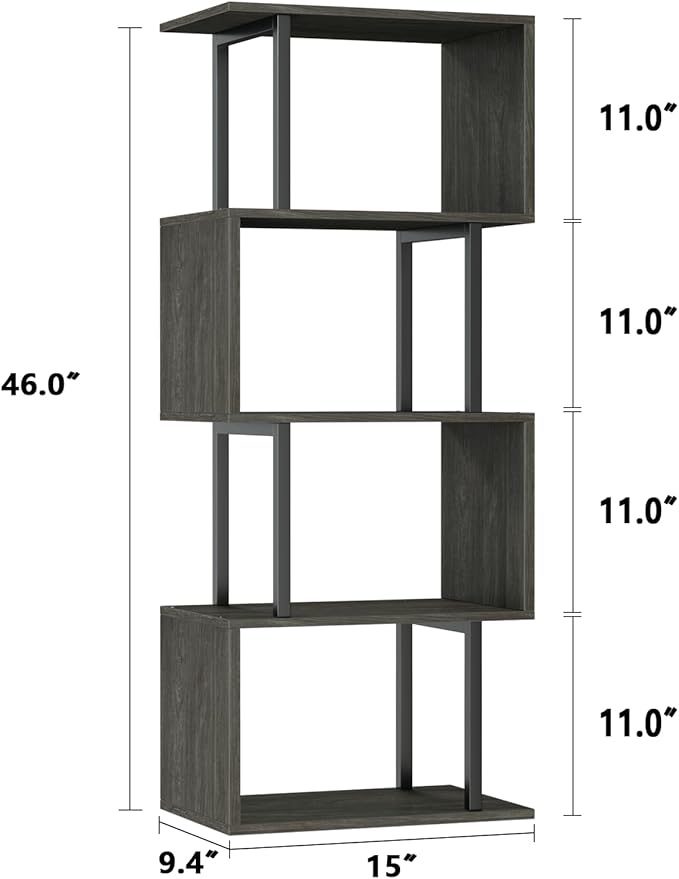 Furologee Geometric Bookshelf 5 Tier Bookcase, Industrial S-Shaped Display Storage Shelf for Small Space, Tall Metal Wood Decorative Standing Shelves for Bedroom, Living Room, Office, Black Oak