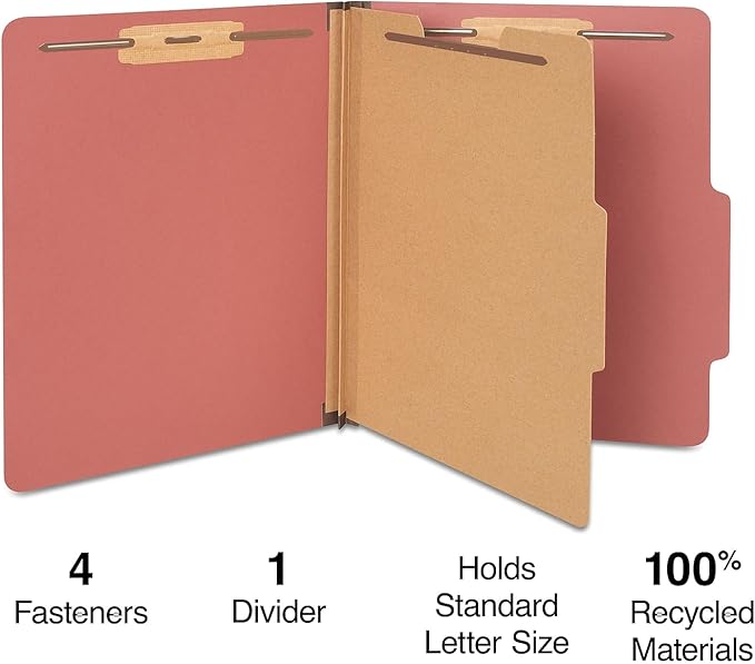 Staples Colored Pressboard Classification Folders, Letter, 1 Partition, Red, 20/Pack