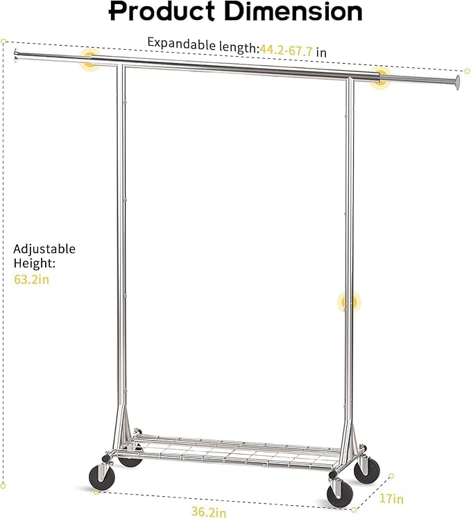 Clothing Garment Rack Capacity 550LBS Rolling Clothes Rack on Wheels - Heavy Duty Collapsible Commercial Storage Organizer - Mobile Clothes Rack with Multifunctional Design (Silver)