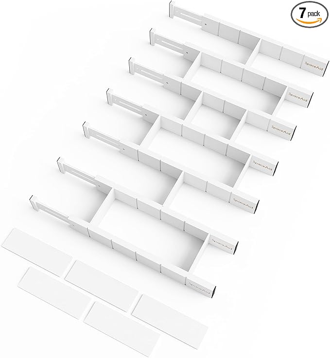 SpaceAid Bamboo Drawer Dividers with Inserts and Labels, Kitchen Adjustable Drawer Organizers, Expandable Organization for Home, Office, Dressers, 7 Dividers with 15 Inserts (17"-22" White)