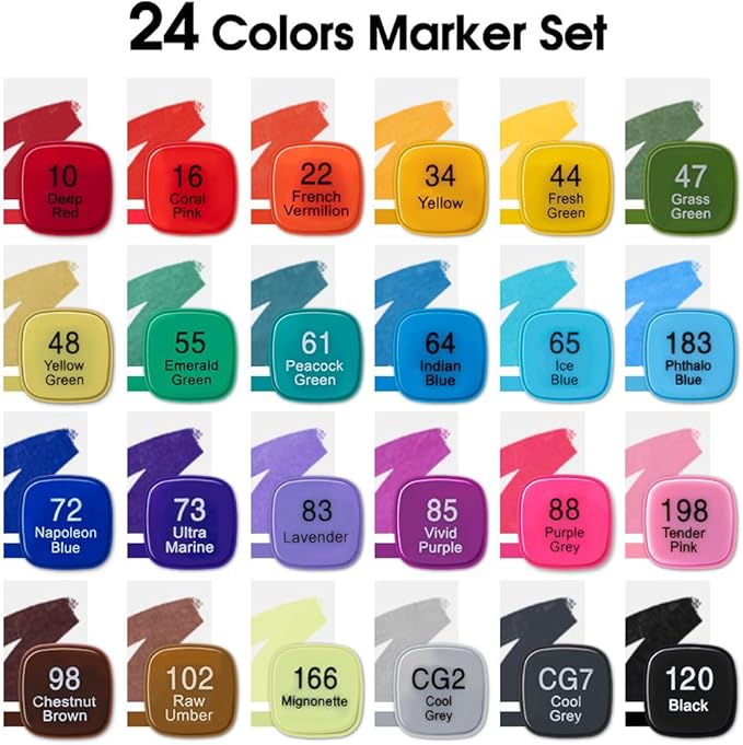 TRANSON Alcohol Markers for Drawing Coloring 24 Colors Dual-tip Brush and Chisel Tips