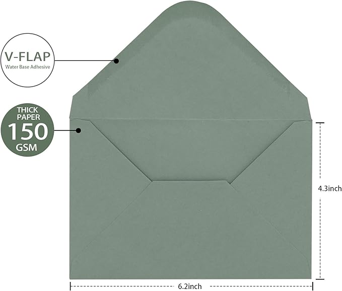 Sage Green Envelopes 4 x 6 Inch, 50 Pack, A4 Size Blank 4 1/4” X 6 1/4”, 120gsm V-flap Water Gummed Thick Paper Made for Invitations, Wedding, Birthday, Personalize Gift, Postcard Envelopes