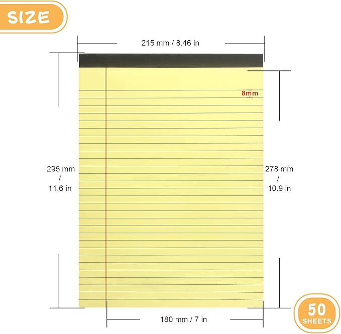 ZZTX Legal Pads 8.5 x 11 Inch Yellow Writing Notepad, Lined Writing Pads for Work Office School, 50 Sheets Per Pad, A4, 1 Pack