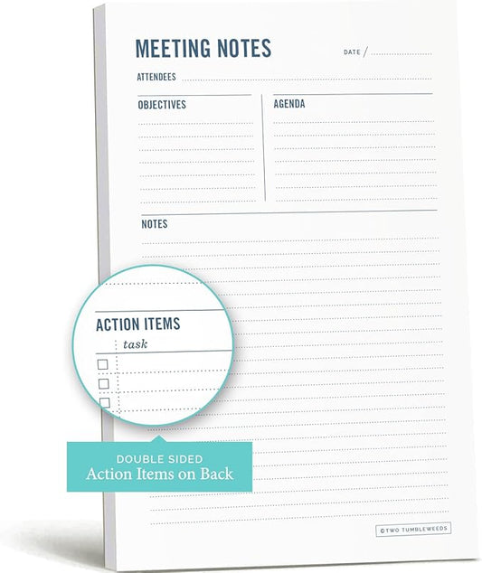 Meeting Notes Notepad - 6x9" - Double Sided Planning Pad - Objectives, Notes, Action Items & Follow-Ups - Undated Meeting Agenda - 50 Double-Sided Sheets