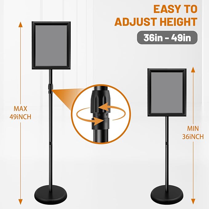 Poster Sign Stand Holder Adjustable Heavy Duty Aluminum Pedestal Floor Standing Sign Holder Vertical and Horizontal View Sign Displayed Snap Open,Advertising Display Stand (Black, 8.5x11inches)