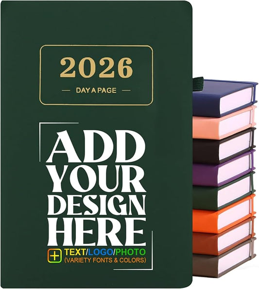 Customizable 2026 Daily Planner - Add Your Design/Logo/Text/Photo, Day a Page Personalized Journal with Multiple Colors Hardcover, Custom Agenda Book for Productivity & Organization, Green