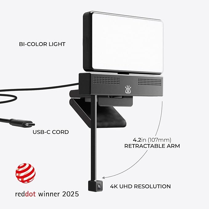 Pro 4K HD Webcam Camera Pro and Light Panel Bundle with Eye Contact, Noise Cancelling Mic