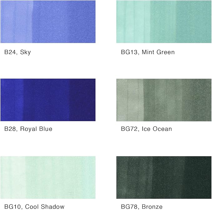 Copic Sketch Alcohol Markers, 6 Color Dual Tip Art Marker Set – Blendable Brush Tips for Drawing, Sketching, and Illustration – Professional Set for Adults/Teen Artists & Creators - Sea & Sky