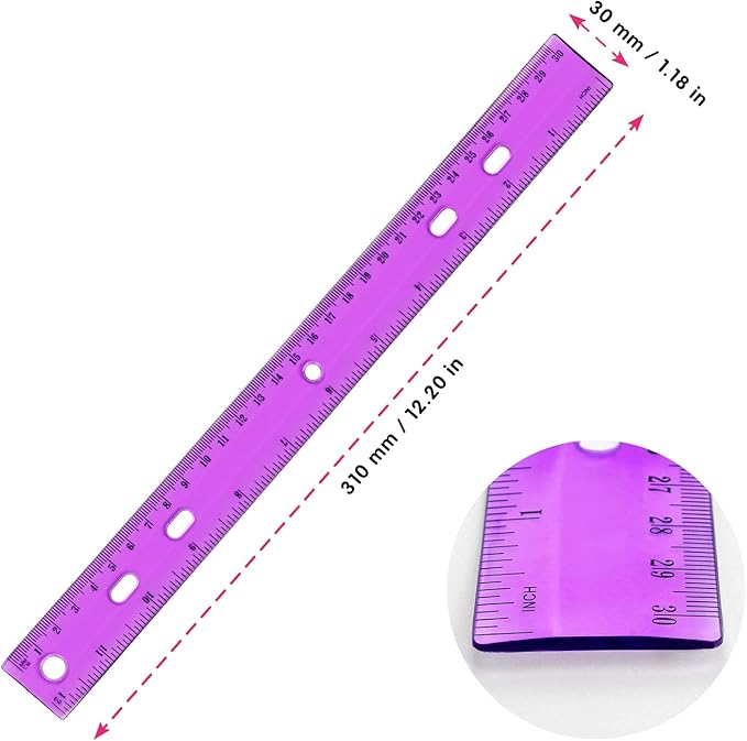 ZZTX 6 Pack Color Transparent Ruler Plastic Rulers 12 Inch, Metric Bulk Rulers with Inches and Centimeters, Kids Ruler for School, Home, Office