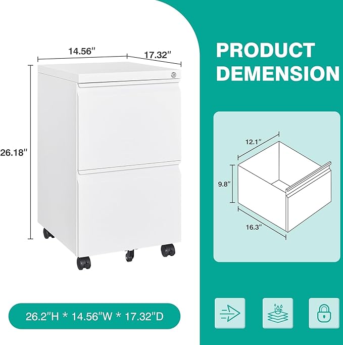SISESOL Assembled 2 Drawer File Cabinet on Wheels,Metal Filing Cabinet with Lock,White Rolling File Cabinets,Under Desk Office Cabinets for Home Office,Fit A4/Letter/Legal,Pre-Assembled Except Caster