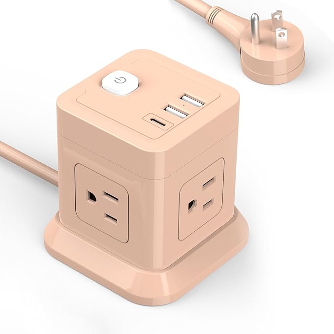 Cube Power Strip, FDTEK 4 Widely Spaced Outlet with 3 USB (1 USB C) Flat Plug Power Strips with Long Extension Cords Space Save Compact Portable for Travel Home Office Cruise - 10FT Pink