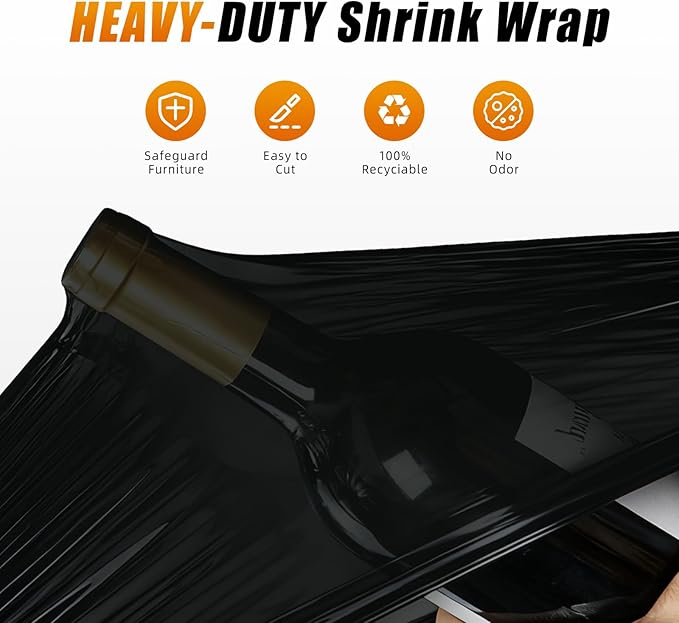 BETU Plastic Wrap Stretch Film for Moving Supplies 15inch X 1000ft, Shrink Wrap Stretch Roll Industrial for Furniture Wrapping Shipping Pallet Moving Boxes Storage with Handles, 1 Pack, Black