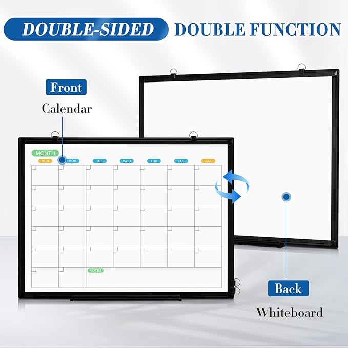 WALGLASS Dry Erase Calendar Whiteboard for Wall, 24" x 18" Double-Sided Monthly Calendar White Board with Black Aluminum Frame, Hanging or Wall Mount Dry Erase Whiteboard for Home, Office, School