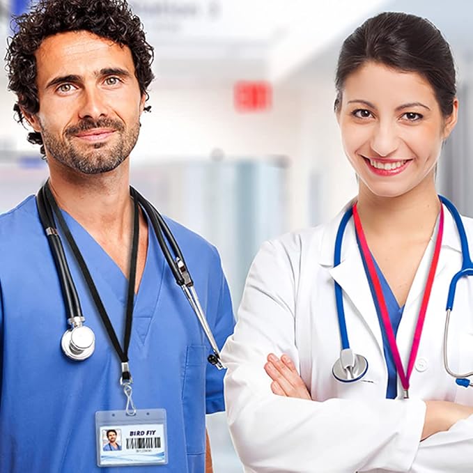 Bird Fiy® Lanyard/Badge Holder Pairs (Set of 50, Red): Woven Round Lanyard & Horizontal Sealable Waterproof Clear Plastic ID Card Name Tag Holder