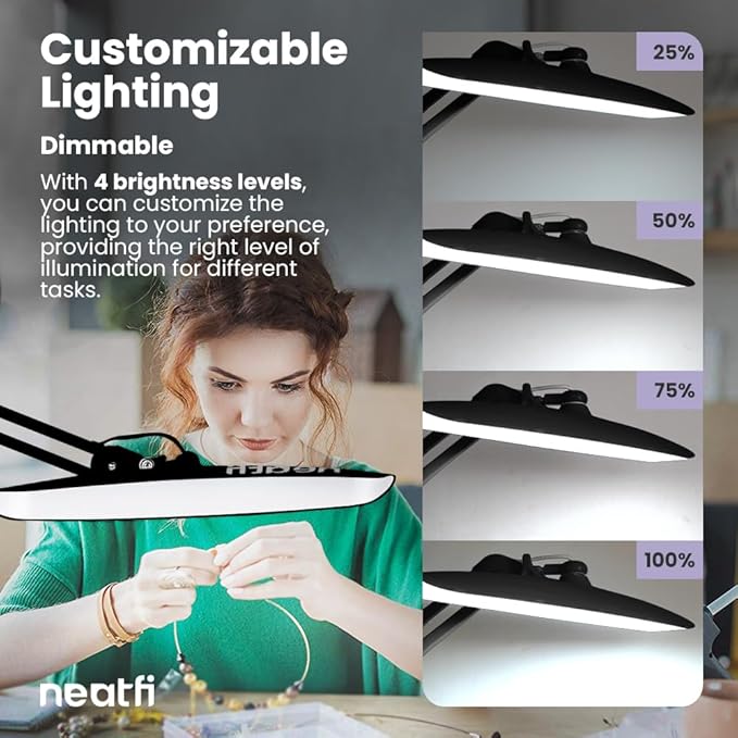 Neatfi XL 2,200 Lumens LED Task Lamp, 24W, 117 Pcs SMD LED, 4 Level Brightness, Dimmable, Desk Light for Home, Office, Workbench (Non-CCT with Base, Black)