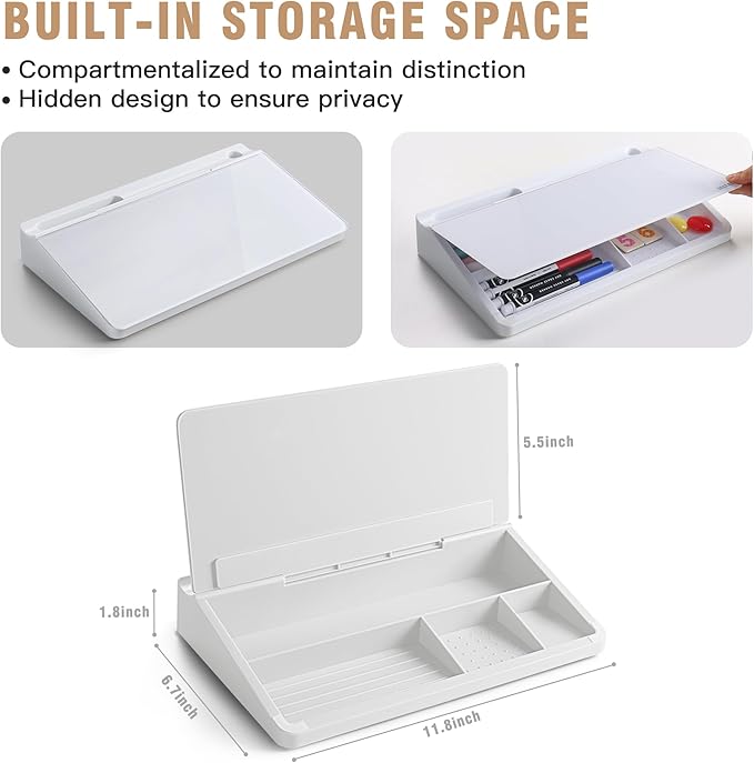 SELEAD Desktop Glass Whiteboard with Storage, Small Dry Erase White Board Computer Pad Keyboard Stand for Home, School, Office Desk Accessories - White